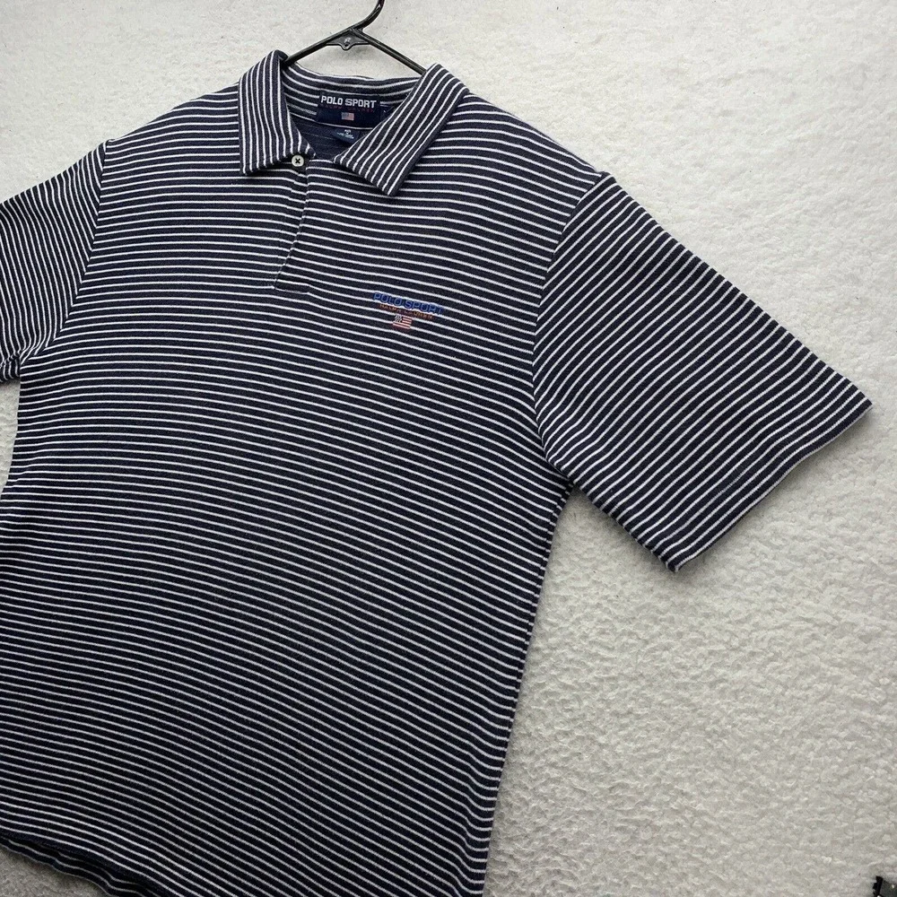 Polo Sport Ralph Lauren Polo Shirt Mens XL Blue White Striped Golf Flag‎ Preppy